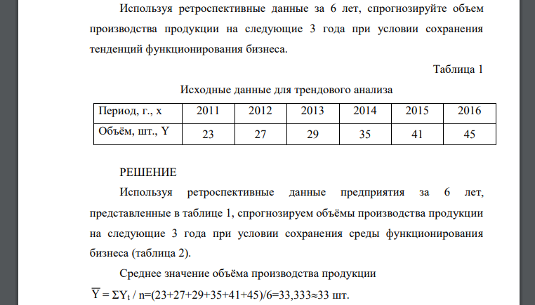 Используя ретроспективные данные за 6 лет, спрогнозируйте объем производства продукции на следующие 3 года при условии сохранения тенденций функционирования бизнеса