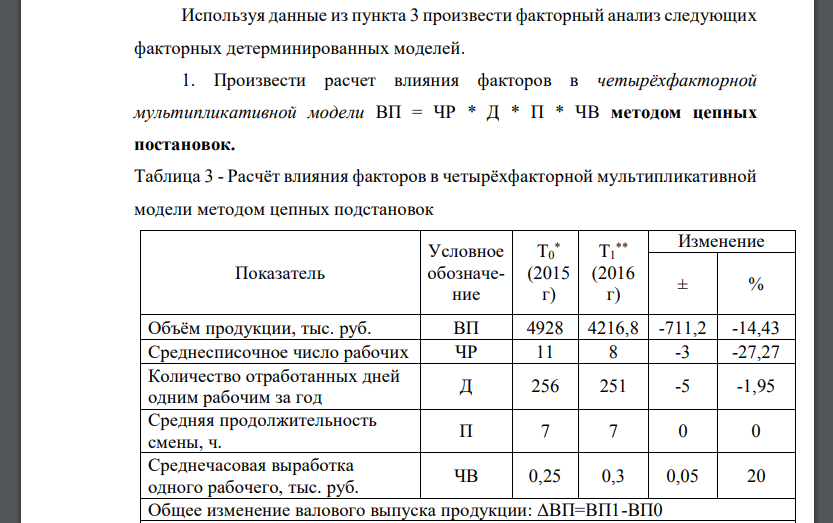 Используя данные из пункта 3 произвести факторный анализ следующих факторных детерминированных моделей