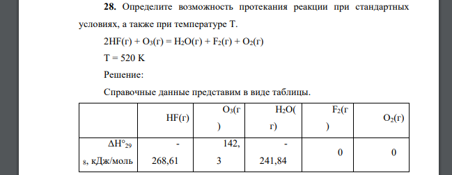 Определите возможность протекания реакции при стандартных условиях, а также при температуре Т. 2HF(г) + O3(г) = H2O(г) + F2(г) + O2(г) T = 520 K