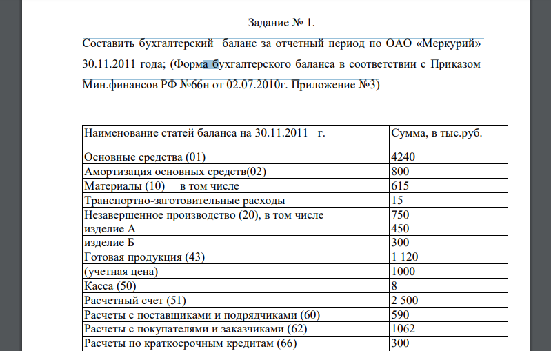 Составить бухгалтерский баланс за отчетный период по ОАО «Меркурий» 30.11.2011 года; (Форма бухгалтерского