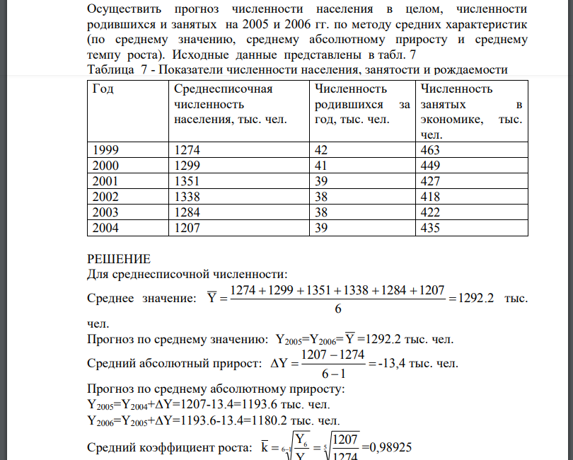 Осуществить прогноз численности населения в целом, численности родившихся и занятых на 2005 и 2006 гг. по методу средних характеристик