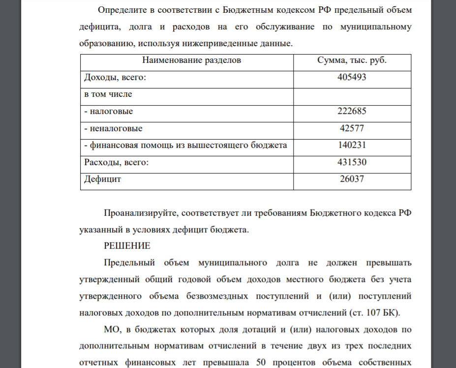Определите в соответствии с Бюджетным кодексом РФ предельный объем дефицита, долга и расходов на его обслуживание по муниципальному образованию, используя нижеприведенные данные