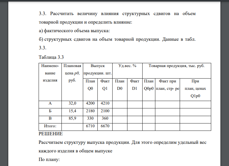 Рассчитайте объем товарной продукции. Величину влияния структурных сдвигов. Рассчитать влияние на объем продукции. Структурных сдвигов в выпуске продукции. Расчет эффекта структурного сдвига.