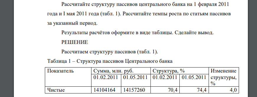 Рассчитайте структуру пассивов центрального банка на 1 февраля 2011 года и I мая 2011 года (табл. 1). Рассчитайте темпы