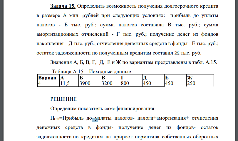 Определить возможность получения долгосрочного кредита в размере А млн. рублей при следующих условиях: прибыль до уплаты