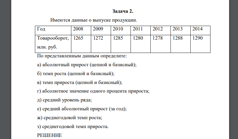 Имеются данные о выпуске продукции. Год 2008 2009 2010 2011 2012 2013 2014 Товарооборот, млн. руб.