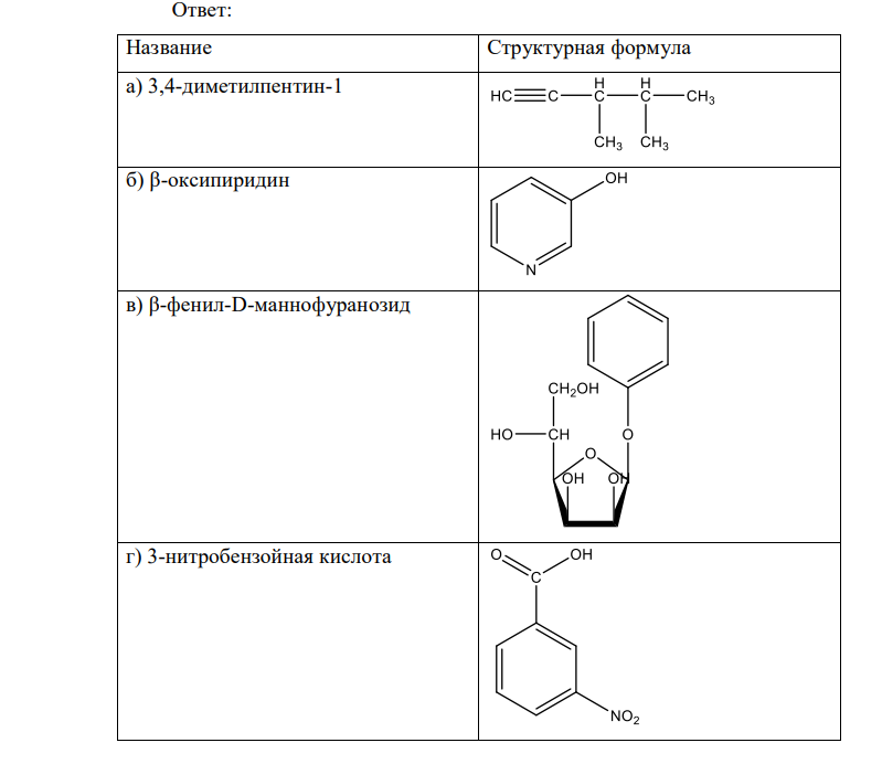Приведите структурные формулы соединений: а) 3,4-диметилпентин1; б) β-оксипиридин; в) β-фенил-D-маннофуранозид; г) 3-нитробензойная кислота; д) триолеин; е) тетраметилэтилен
