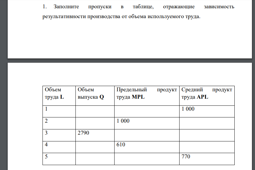 Заполните пропуски в таблице, отражающие зависимость результативности производства от объема используемого труда.