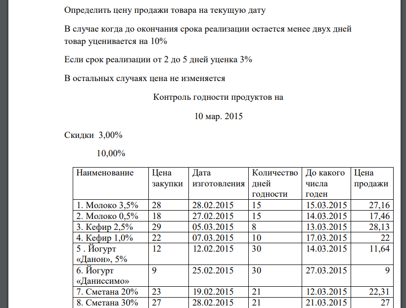 Определить цену продажи товара на текущую дату В случае когда до окончания срока реализации остается менее двух дней товар уценивается на 10%