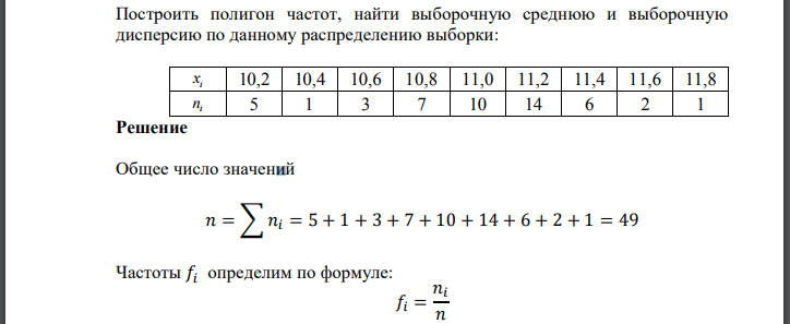Построить полигон частот, найти выборочную среднюю и выборочную дисперсию по данному распределению выборки: i x 10,2 10,4 10,6 10,8 11,0 11,2 11,4 11,6 11,8 i n 5 1 3 7 10 14 6 2 1 Решение