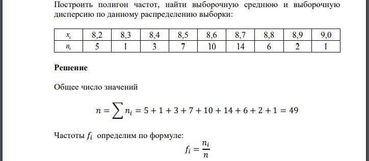 Построить полигон частот, найти выборочную среднюю и выборочную дисперсию по данному распределению выборки: i x 8,2 8,3 8,4 8,5 8,6 8,7 8,8 8,9 9,0 5 1 3 7 10 14 6 2 1 Решение