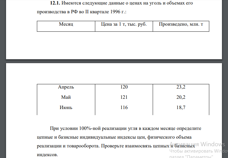 Имеются следующие данные о ценах на уголь и объемах его производства в РФ во II квартале 1996 г