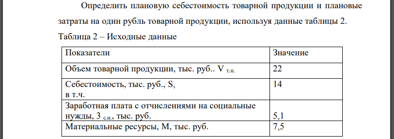 Определить плановую себестоимость товарной продукции и плановые затраты на один рубль товарной продукции, используя данные таблицы 2.