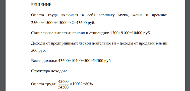 За февраль 2013 г. в семье Ивановых муж получил зарплату 25600 руб., жена – 15000 руб. и премию в размере 20% от оклада