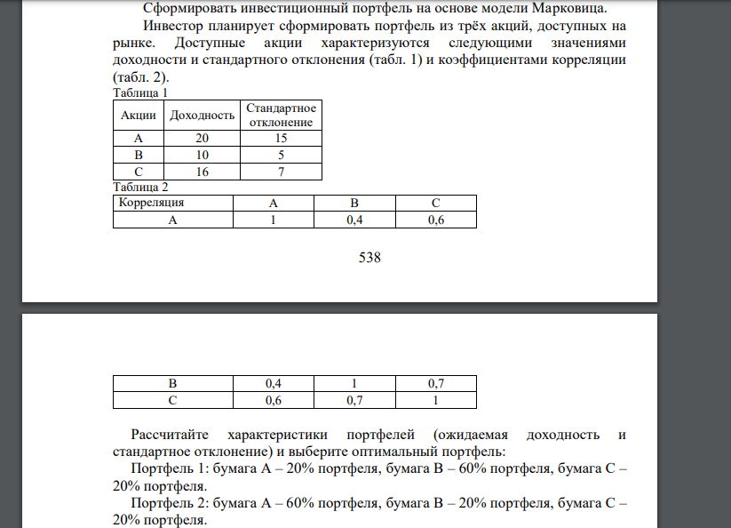 Сформировать инвестиционный портфель на основе модели Марковица. Инвестор планирует сформировать