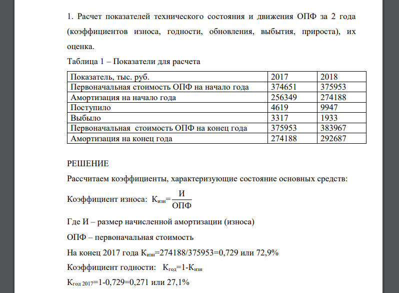 Расчет показателей технического состояния и движения ОПФ за 2 года (коэффициентов износа, годности, обновления