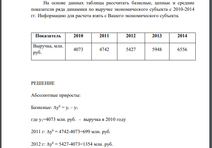 На основе данных таблицы рассчитать базисные, цепные и средние показатели ряда динамики по выручке экономического субъекта с 2010-2014 гг.