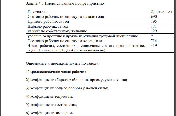 Имеются данные по предприятию. Определите и проанализируйте по заводу: 1) среднесписочное число рабочих; 2) коэффициент оборота рабочих по приему