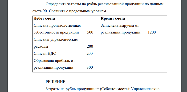 Определить затраты на рубль реализованной продукции по данным счета 90. Сравнить с предельным уровнем