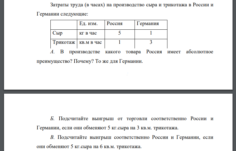 Затраты труда (в часах) на производство сыра и трикотажа в России и Германии следующие: Ед. изм. Россия Германия Сыр кг