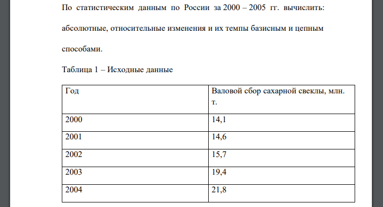 По статистическим данным по России за 2000 – 2005 гг. вычислить: абсолютные, относительные изменения и их темпы базисным и цепным способами