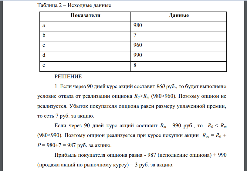 Произведите расчет и сделайте выводы. 1) Приобретен опцион на покупку через 90 дней акций по цене а=980 руб. за акцию