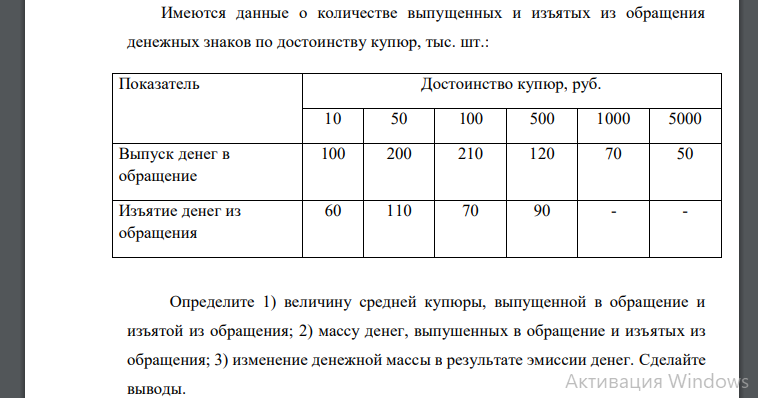 Определите 1) величину средней купюры, выпущенной в обращение и изъятой из обращения