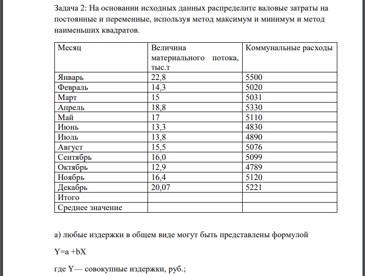 На основании исходных данных распределите валовые затраты на постоянные и переменные, используя метод максимум и минимум и метод наименьших