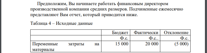 Предположим, Вы начинаете работать финансовым директором производственной компании средних размеров. Подчиненные ежемесячно