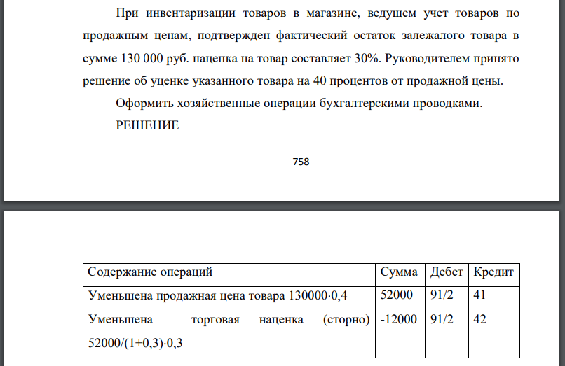 При инвентаризации товаров в магазине, ведущем учет товаров по продажным ценам, подтвержден фактический остаток залежалого товара в сумме 130 000 руб.