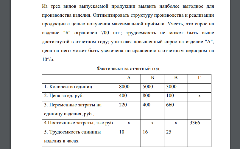 Из трех видов выпускаемой продукции выявить наиболее выгодное для производства изделия. Оптимизировать структуру