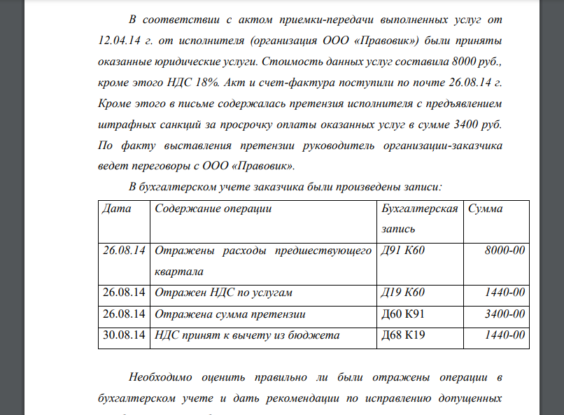 В соответствии с актом приемки-передачи выполненных услуг от 12.04.14 г. от исполнителя (организация ООО «Правовик») были приняты