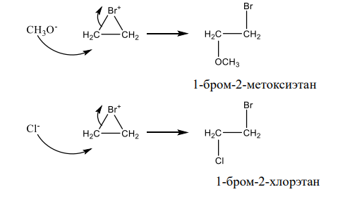 При бромировании этилена в метиловом спирте в присутствии хлористого натрия получается три продукта присоединения. Объясните образование этих соединений на основании механизма электрофильного присоединения к алкенам