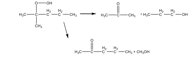 При окислении алкана с брутто-формулой С6Н14, содержащего один третичный углеродного атома, образовалась гидроперекись, после разложения которой образовался ацетон СН3СОСН3 и метилпропилкетон СН3СОС3Н7. Напишите схему превращений и предполагаемую структурную формулу алкана