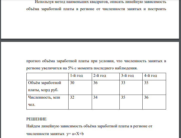 Используя метод наименьших квадратов, описать линейную зависимость объёма заработной платы в регионе от численности занятых и построить ВРП