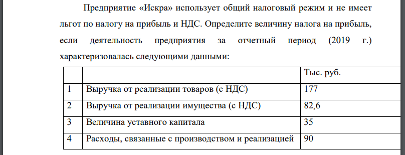 Предприятие «Искра» использует общий налоговый режим и не имеет льгот по налогу на прибыль и НДС. Определите величину налога на прибыль, если