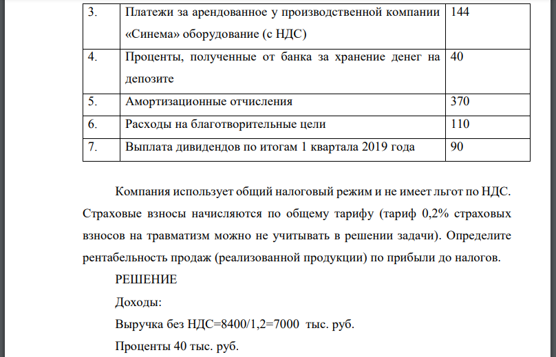 Имеются следующие данные о работе компании «Солярис» за 1 квартал 2019 года. Компания использует общий налоговый режим и не имеет льгот по НДС