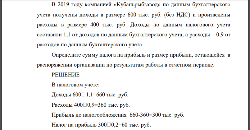 В 2019 году компанией «Кубаньрыбзавод» по данным бухгалтерского учета получены доходы в размере 600 тыс. руб. (без НДС) и произведены расходы