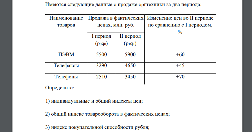 Определите: 1) индивидуальные и общий индексы цен; 2) общий индекс товарооборота в фактических ценах; 3) индекс покупательной способности