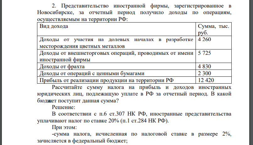 Представительство иностранной фирмы, зарегистрированное в Новосибирске, за отчетный период получило доходы по операциям,