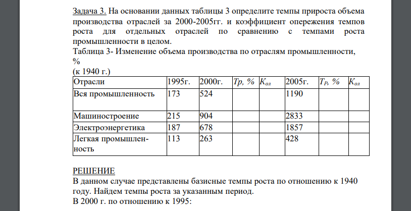 На основании данных таблицы 3 определите темпы прироста объема производства отраслей