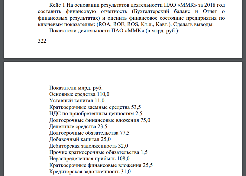 Кейс 1 На основании результатов деятельности ПАО «ММК» за 2018 год составить финансовую отчетность (Бухгалтерский баланс и Отчет о