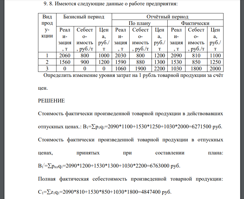 Имеются следующие данные о работе предприятия: Определить изменение уровня затрат на 1 рубль товарной продукции за счёт цен.