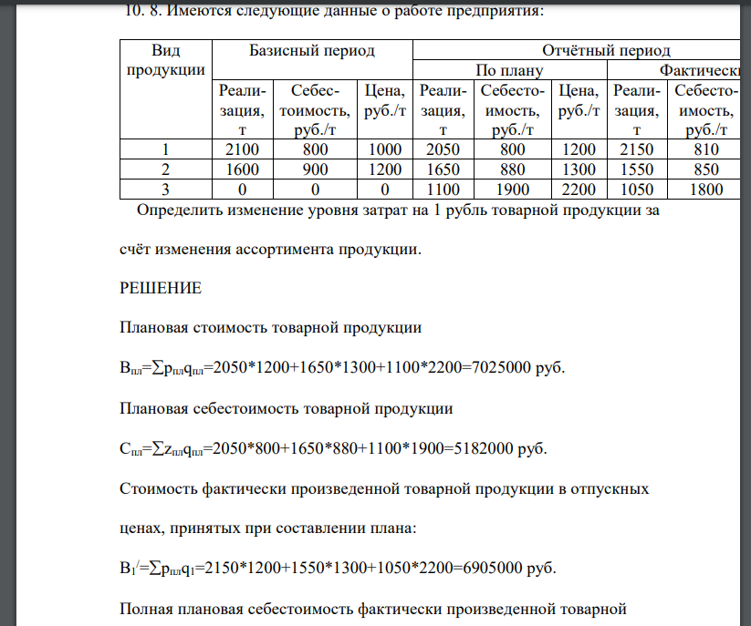 Имеются следующие данные о работе предприятия: Определить изменение уровня затрат на 1 рубль товарной продукции за счёт изменения ассортимента продукции.