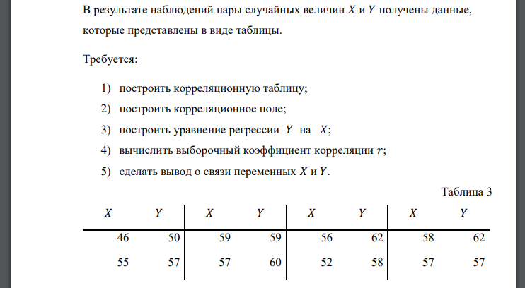 В результате наблюдений пары случайных величин 𝑋 и 𝑌 получены данные, которые представлены в виде таблицы