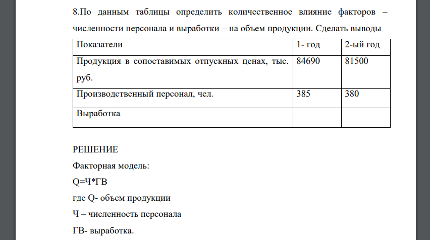 По данным таблицы определить количественное влияние факторов – численности персонала и выработки