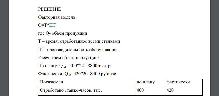 Рассчитайте влияние на объем продукции использования оборудования по времени и производительности