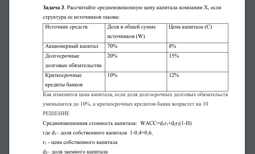 Рассчитайте средневзвешенную цену капитала компании Х, если структура ее источников такова: Источник средств