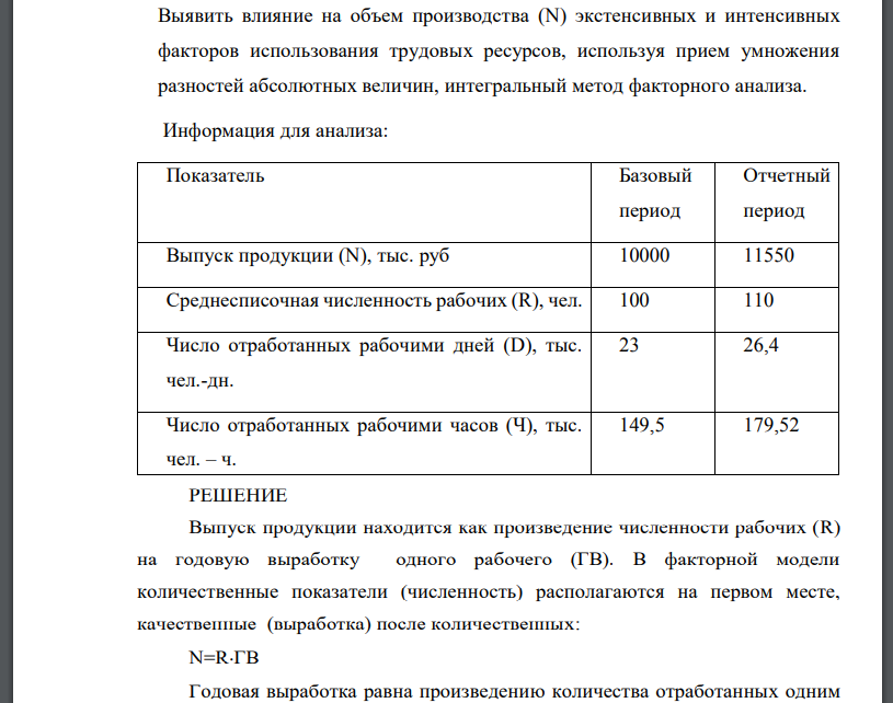 Выявить влияние на объем производства (N) экстенсивных и интенсивных факторов использования трудовых ресурсов, используя прием