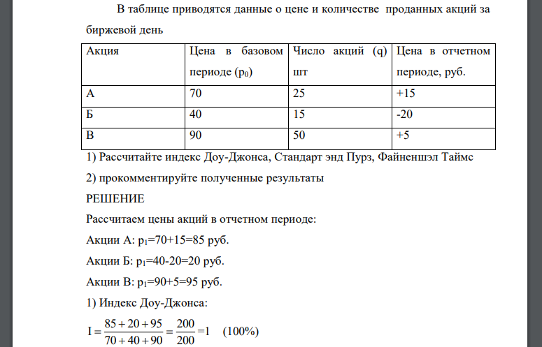 В таблице приводятся данные о цене и количестве проданных акций за биржевой день. 1) Рассчитайте индекс Доу-Джонса, Стандарт